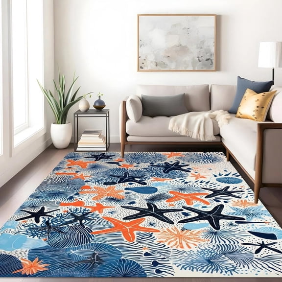 Blue Orange Starfish Coral Coastal Beach Theme Area Rug Washable Soft Rug For Bedroom Livingroom Office Lux Art Decor Livingroom Playroom Rugs 5x6ft