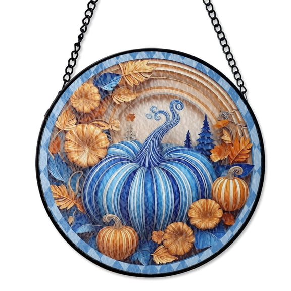 Blue Orange Striped Pumpkins Stained Glass Style Suncatcher, UV Printed Glass, Unique Fall Harvest Decor, Round