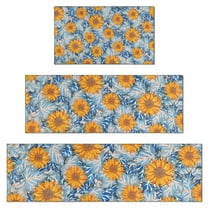 Blue Orange Sunflower Leaf Pattern Kitchen Rugs Sets Of 3,Kitchen Runner Rugs Non Skid Washable,Decorative Kitchen Floor Mats for Kitchen,Sink,Laundry,17"x30"  17"x47"   17"x59"