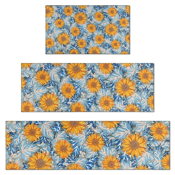 Blue Orange Sunflower Leaf Pattern Kitchen Rugs Sets Of 3,Kitchen Runner Rugs Non Skid Washable,Decorative Kitchen Floor Mats for Kitchen,Sink,Laundry,17"x30"+ 17"x47" + 17"x59"