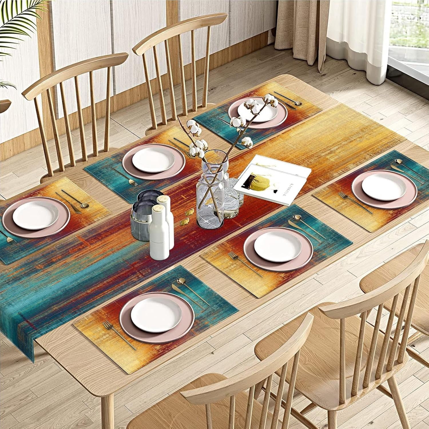 Blue Orange Table Runner and Placemats Set of 6, Vintage Abstract Messy Rust Painting Art Dining Decor for Daily Use(1 Table Runner 72 inches Long and 6 Placemats)