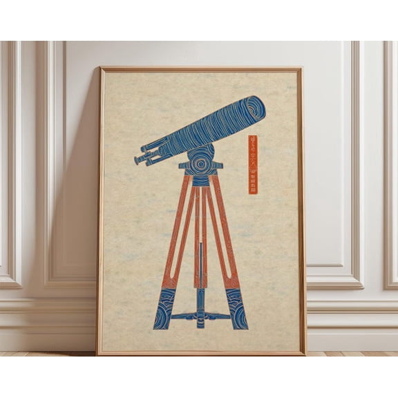 Blue Orange Telescope Japanese Woodblock Astronomy Minimal Science Wall Art, Unframed Paper Poster 24x36in