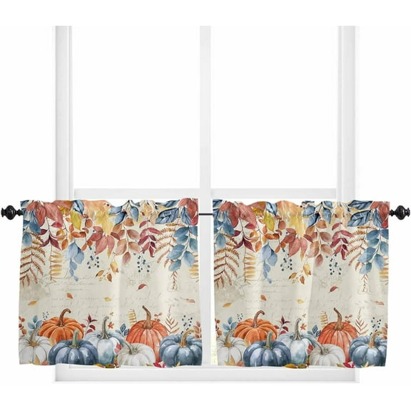 Blue Orange Thanksgiving Fall 2 Panel Kitchen Curtains for Small Windows, Maple Leaf Pumpkins Rustic Bathroom Tier Curtain, Short Window Treatment for Bedroom/Living Room 55"x36"