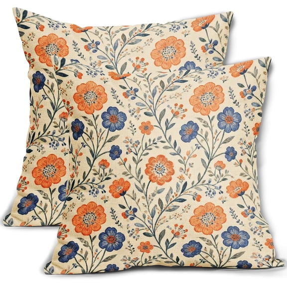 Blue Orange Vintage Floral Pillow Covers 20x20 Inch Set of 2 Spring Farmhouse Wild Flower Pattern Print Decorative Throw Pillowcases Country Neutral Outdoor Cushion Cases Decor for Sofa Couch Bed