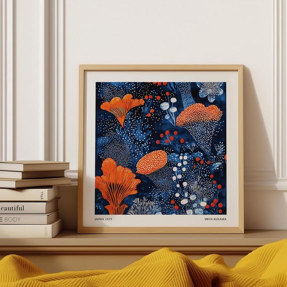 Blue Orange Wall Art Inspired By Yayoi Kusama Dots – Japanese Abstract Botanical Print With Modern Flowers And Graphic Dot Pattern Wall Art, Modern Wall Decor, 16x16 UNFRAMED