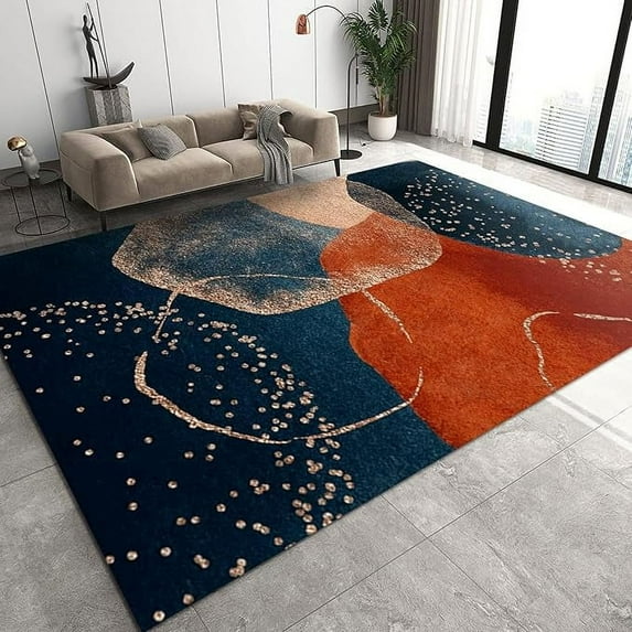 Blue Orange Watercolor Painted Geometric Area Rug, Abstract Irregular Boho Style Art Home Decor Rug, With Anti-Slip Backing Washable Carpet For Living Room Bedroom Study Room 3 x 4ft