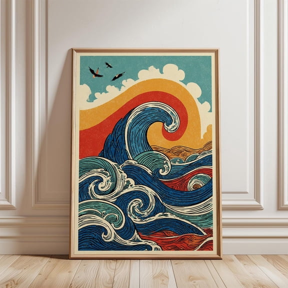 Blue Orange Wave Stylised Ocean Illustration Graphic Japanese Style Unframed Paper Print