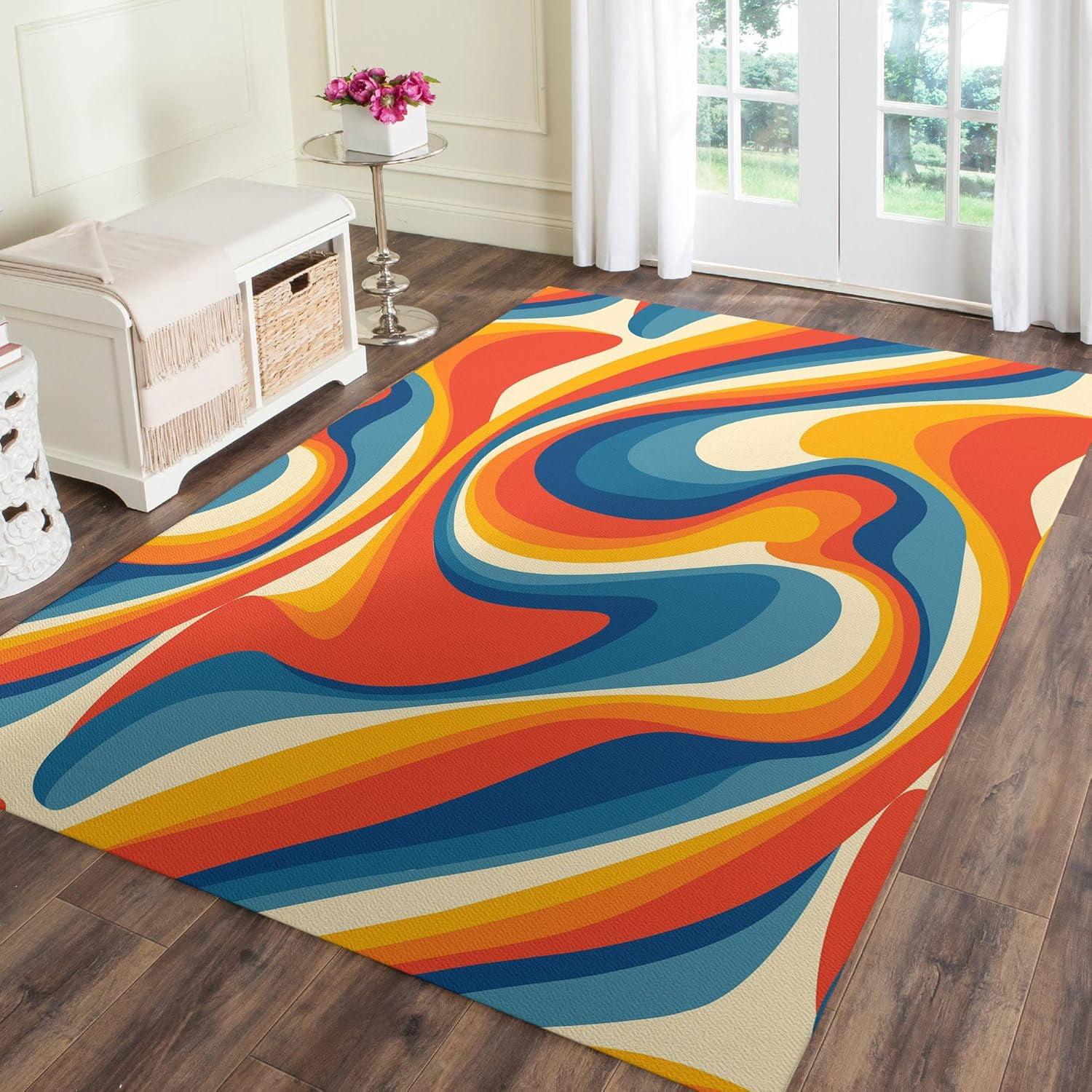 Foldable Rungs Blue Orange Wavy Retro Machine Washable Rug - Abstract 70S Area Rug Low ...