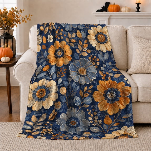 Blue Orange Wildflower Flannel Blanket for Couch Sofa Bed, Vintage Botanical Home Decor for Women Men, Boho Floral Gift for Birthday Holiday Housewarming Lounge