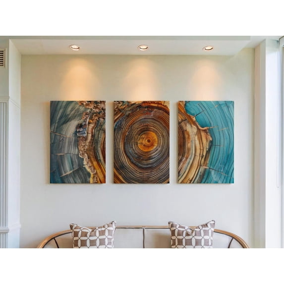 Blue Orange Wood Grain Prints Set Of 3, Nordic Tree Ring Wall Art ...