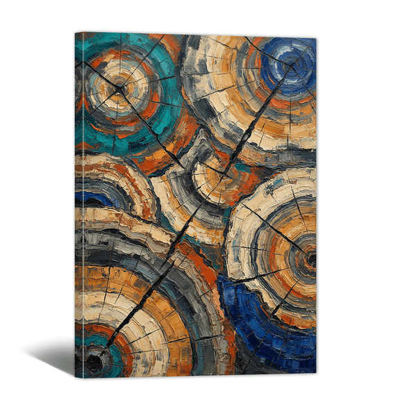 Blue Orange Wood Stump Grain Canvas Wall Art Retro Tree Ring Picture Print, Rustic Minimalist Artwork Nature Painting for Home Living Room Bedroom Bathroom Decor