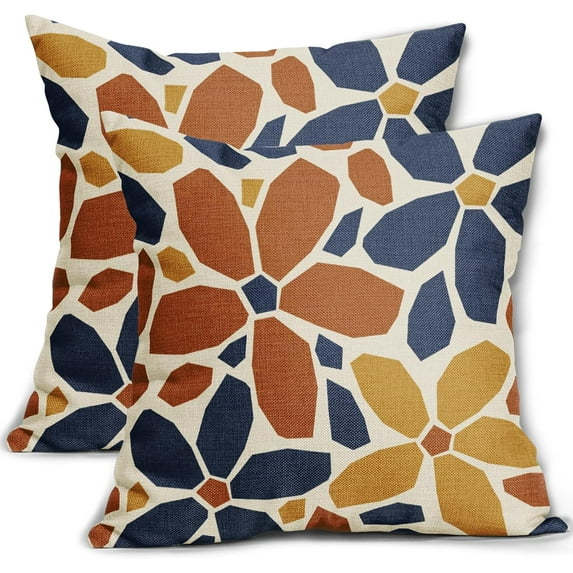 Blue Orange Yellow Pillow Covers 20x20 Set of 2 Geometric Art Flower Print Decorative Outdoor Pillowcases Fall Colored Floral Farmhouse Throw Cushion Case Decor for Couch Sofa Bed