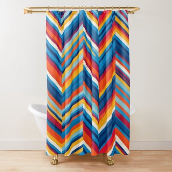 Blue, Orange and Yellow Chevron Shower Curtain, 100% Polyester, Geometric Stripe Style