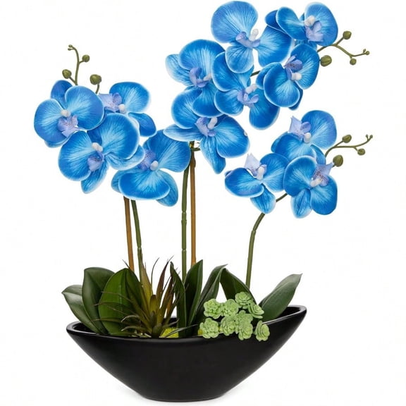Blue Orchid Fake Flowers 17in Artificial Orchid Silk Flowers in Black Pot Faux Orchid Arrangement for Home Office Bathroom Table Shelf Modern Decoration