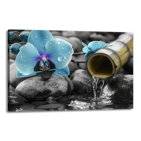 Blue Orchid Floral Wall Art Zen Bamboo Water Canvas Print Modern Minimalist Asian Wall Decor for Living Room Bedroom Office