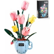 Flower Building Blocks Set with LED Light in Teacup Vase, Table Centerpiece Gift for Girlfriend, Valentine's Day, Mother