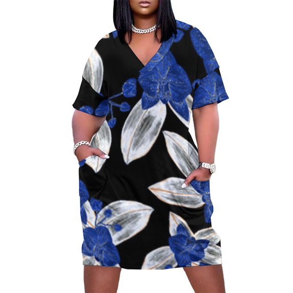 Blue Orchids Black Background Pattern Floral Summer Dresses for Women Beach Boho