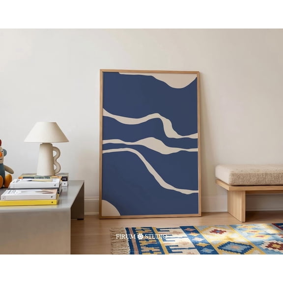 Blue Organic Abstract Line Art Print Minimal Coastal Wave Wall Decor Neutral Modern 0982