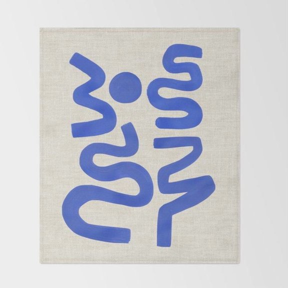 Blue Organic Squiggles and Circle on Beige Polyester Fleece Blanket, 280 GSM, Abstract Style for Couch or Bed