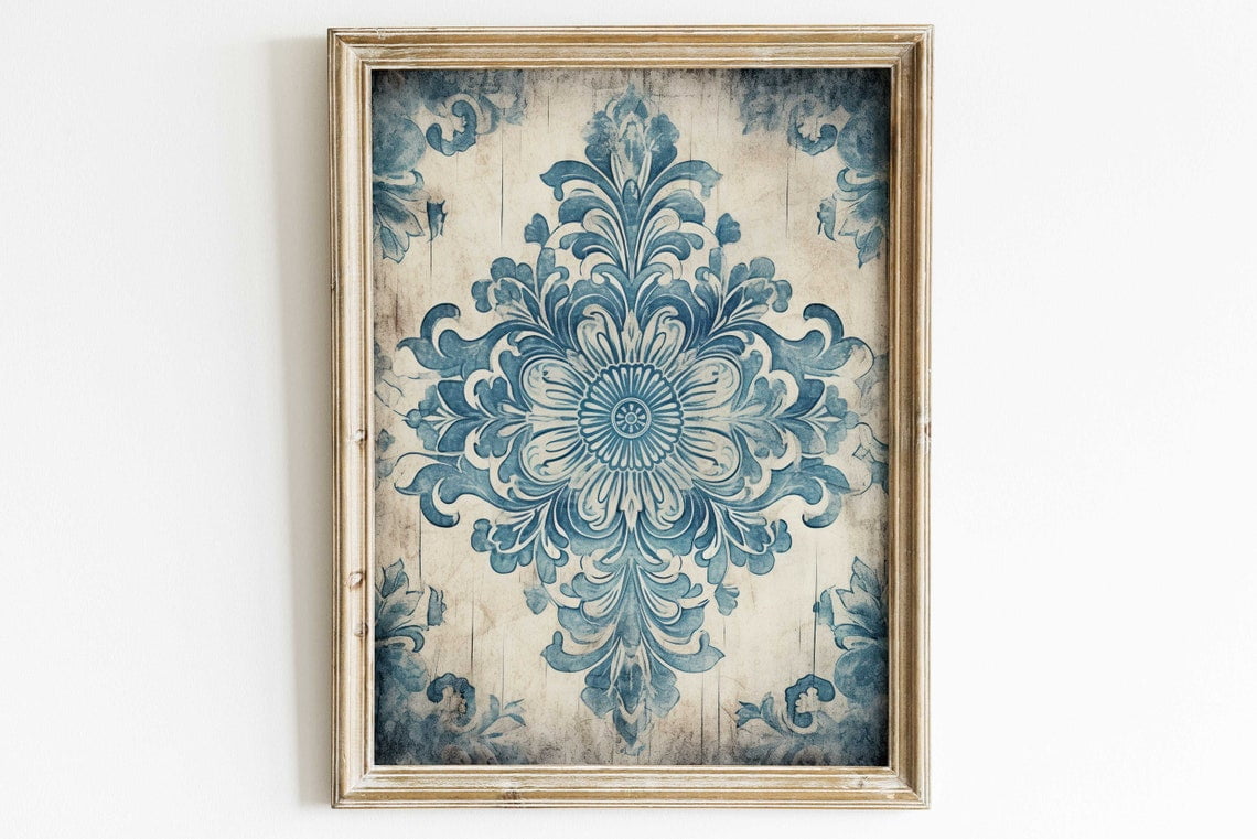 Blue Ornamental Design On Antique Wood, Decorative Floral Wall Art ...