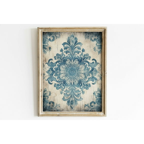 Blue Ornamental Design On Antique Wood, Decorative Floral Wall Art, Rustic Home Decor, Teal Farmhouse Wall Decor, Wall Decor Home Wall Art, Modern Wall Decor, 8x12 UNFRAMED