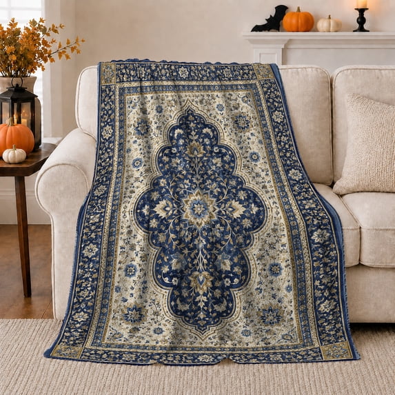 Blue Ornate Medallion with Cream Border, Elegant Vintage Style for Pattern Lovers, Floral Palace Motif and Housewarming Gift, Soft Flannel Blanket for Guest Room and Bedroom, Home Decor