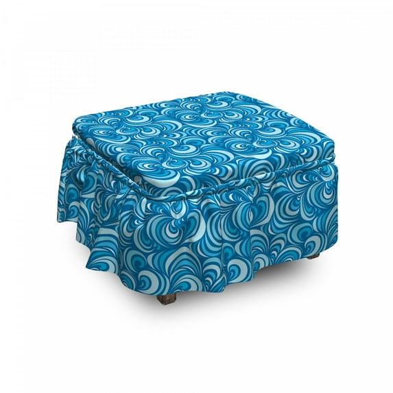 Blue Ottoman Cover, Marine Waves Spirals Art, 2 Piece Slipcover Set with Ruffle Skirt for Square Round Cube Footstool Decorative Home Accent, Standard Size, Blue Pale Blue, by Ambesonne