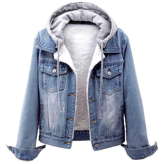 Blue Outdoor Hooded Coat, Nylon Women's Plus Size Jackets, Women Vintage Button Down Distressed Short Denim Jean Jacket Coat With Pocket, 4XL