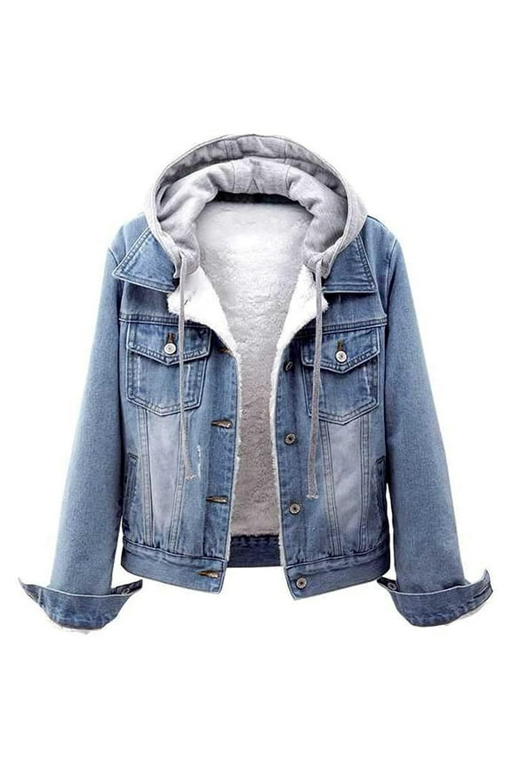 Blue Outdoor Hooded Coat, Nylon Women's Plus Size Jackets, Women Vintage Button Down Distressed Short Denim Jean Jacket Coat With Pocket, 5XL