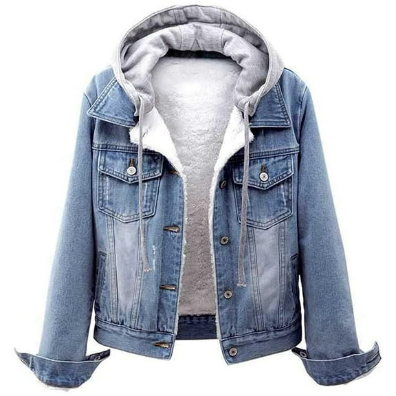 Blue Outdoor Hooded Coat, Nylon Women's Plus Size Jackets, Women Vintage Button Down Distressed Short Denim Jean Jacket Coat With Pocket, M