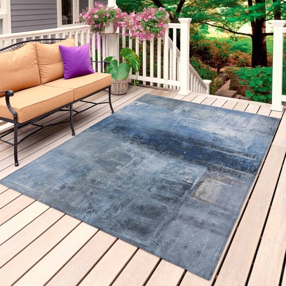 Blue Outdoor Rug 5x8 Ft, Non Slip Washable Area Rug, Retro Oil Painting Modern Abstract Art Aesthetics Patio Rugs Carpet Runner, Large Floor Mat for Indoor/Outdoor Deck Porch Camping