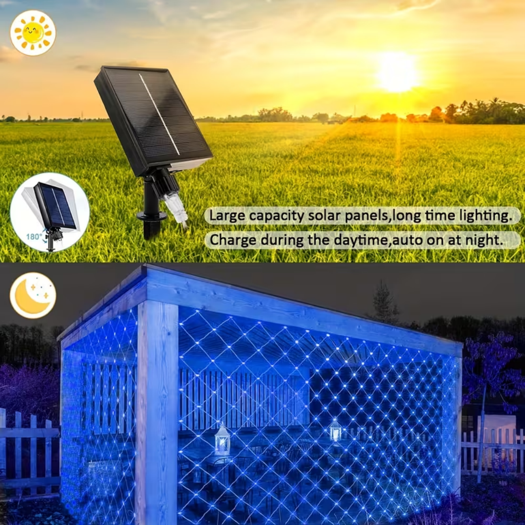 Blue Outdoor Solar Mesh Light, 6.6ft X 9.8ft Fairy Mesh Light With 200 Leds, 8 Modes, Suitable For Christmas Trees, Lawns, Shrubs, Fence Walls