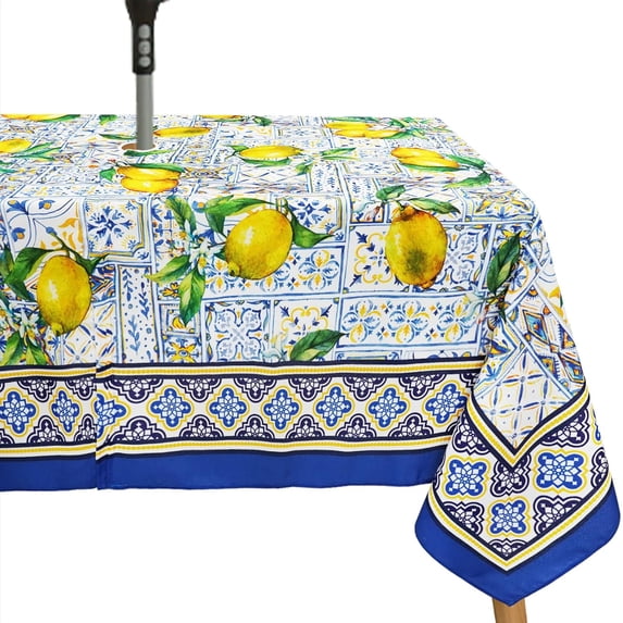 Blue Outdoor Tablecloth with Umbrella Hole for Rectangle Table, Waterproof Lemon Patio Table Cloth with Zipper - 60 x 102 inches