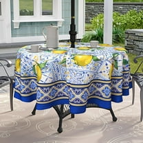 Blue Outdoor Tablecloth with Umbrella Hole for Round Table, Waterproof Lemon Patio Table Cloth with Zipper - 60 x 60 inches