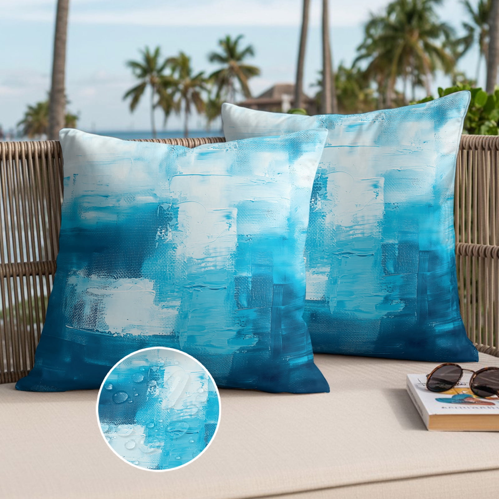 Blue Outdoor Waterproof Throw Pillow Covers Set of 2, 18"x18", Abstract ...