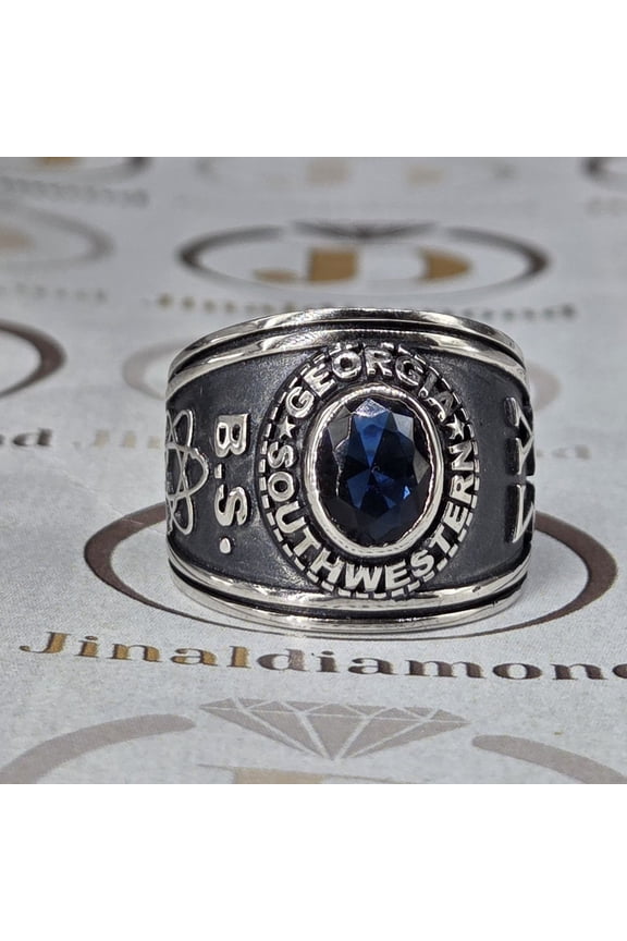 Blue Oval Cut Personalized Classic High School Ring Design School Ring Graduation Gift For Men 925 Sterling Silver