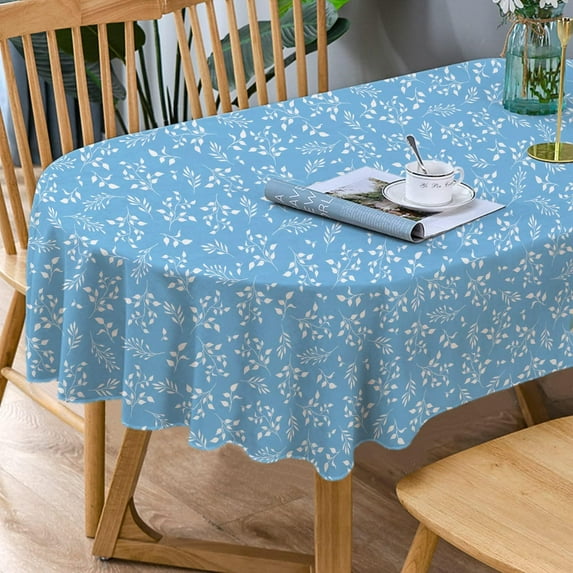 Blue Oval Tablecloth, Flower Print Oval Tablecloth, Blue Leaf Tablecloth, Indoor/Outdoor Waterproof Wrinkle Free Durable Tablecloth for Oval Tables 54 X 72 Inch