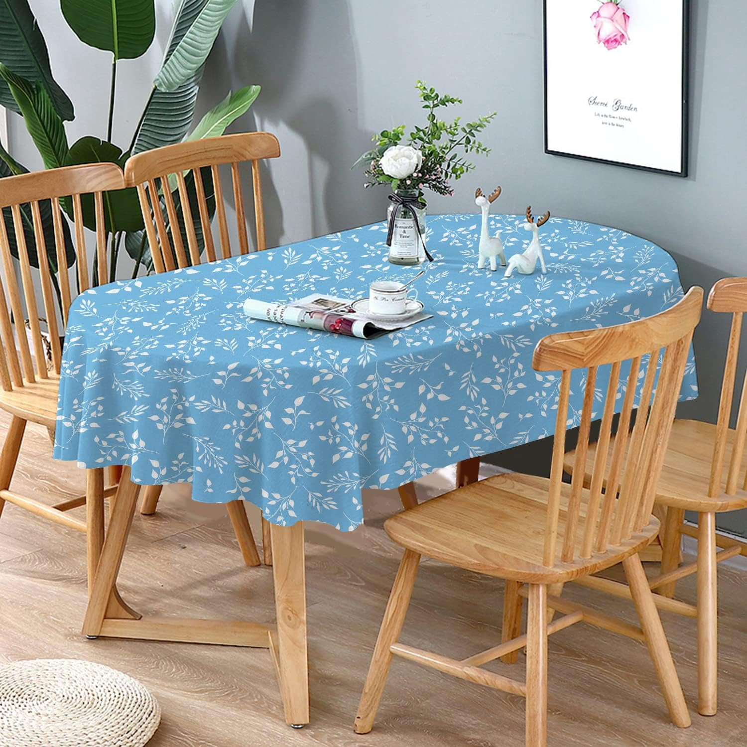Blue Oval Tablecloth, Flower Print Oval Tablecloth, Blue Leaf ...