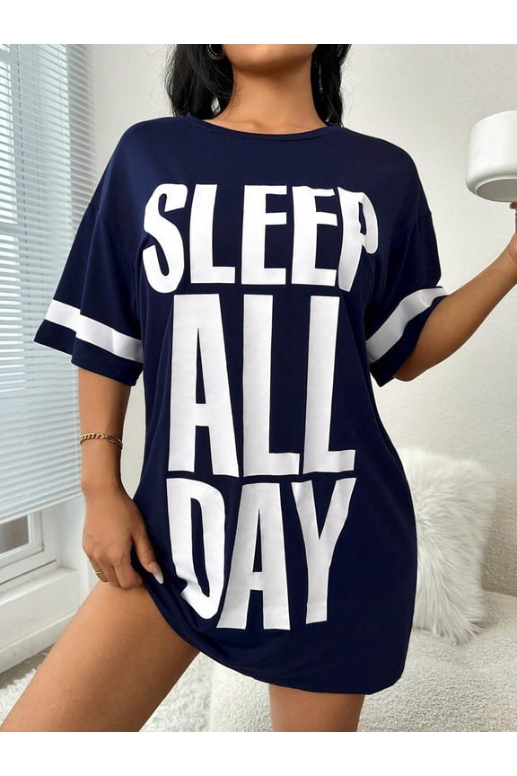 Blue Oversized Slogan Sleep Dress With White Contrast Sleeve Trim