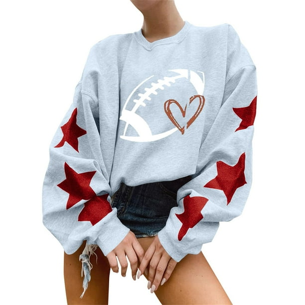 Blue Oversized Sweatshirts for Women Vintage Loose Fit Crewneck Sweatshirt Football Funday Star Print Oversize Pullover Sweater Streetwear Fall Trendy