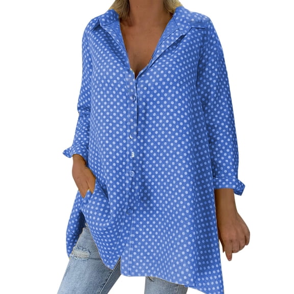 Blue Oversized T Shirts For Women Vintage Long Sleeve Polka Dots Shirt Collar Top Shirt Blouse