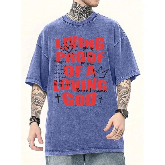 Blue Oversized Washed Cotton Graphic T-Shirt With Religious Message Living Proof Of A Loving God