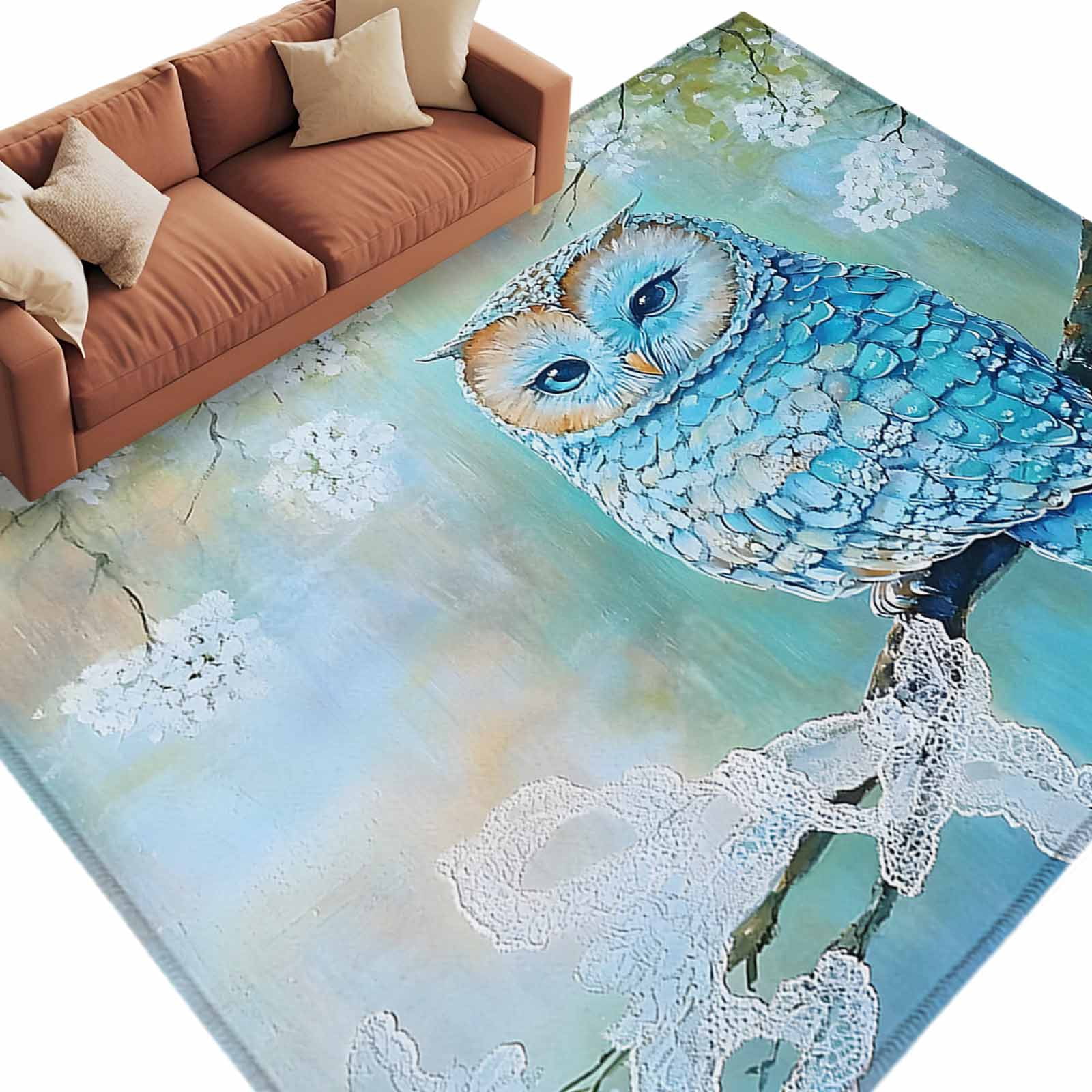 Blue Owl Area Rug 8x10ft Vintage Branch Non-Slip Washable Square Rugs ...