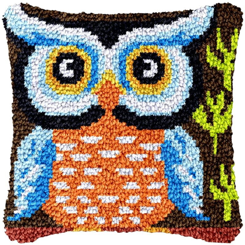 Blue Owl Bird Latch Hook Pillow Cover Kits for DIY Cushion Cross Stitch Crochet Hooking Latch Hook Pillowcase Rug Kits with Preprinted Canvas Crochet Yarn Kits Needlework Crafts 17'' X 17''
