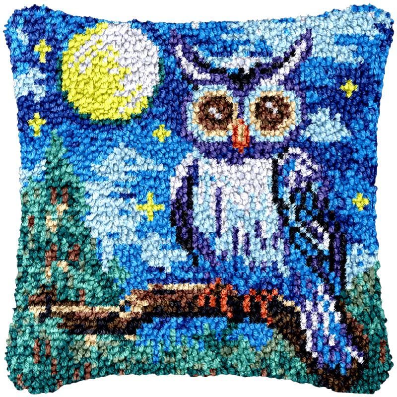 Blue Owl Bird Latch Hook Pillow Cover Kits for DIY Handmade Throw Pillow Cross Stitch Latch Hook Pillowcase Rug Cushion Kits with Preprinted Canvas Crochet Yarn Kits Needlework 17'' X 17''