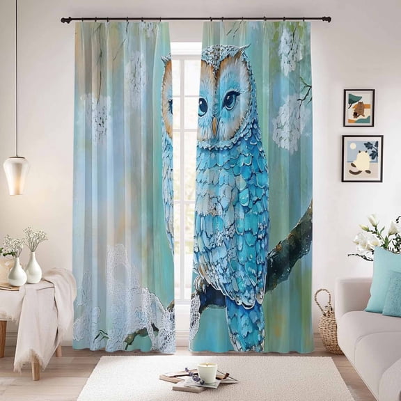 Blue Owl Blackout Curtains for Bedroom/Living Room, Pinch Pleated Black Out Curtains, Watercolor Flower Bird on Branch Room Darkening Window Drapes with Hooks 2 Panels, 39"x70"