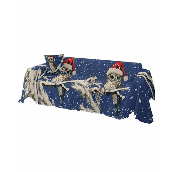 Blue Owl Christmas Sofa Couch Covers for 3 Cushion Couch, Washable L Shape Sectional Sofa Covers for Loverseat/Pets/Kids, Xmas Snowflake Botanical Vintage Slipcover Blanket Futon Cover 71''x134''