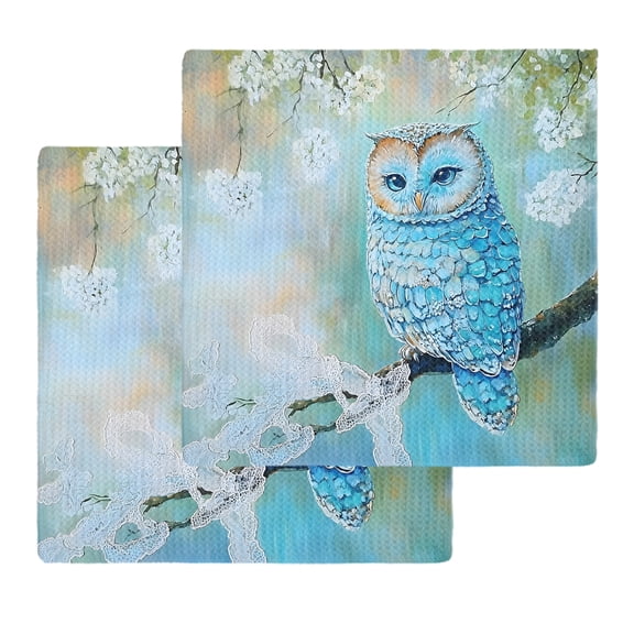 Blue Owl Kitchen Dish Towels for Drying Dishes Set of 2, Watercolor Flower Bird on Branch Waffle Weave Microfiber Hand Tea Bathroom Towels Quick Dry & Absorbent Towel 12x12