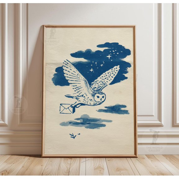 Blue Owl Night Folk Art Whimsical Bird Wall Art Print