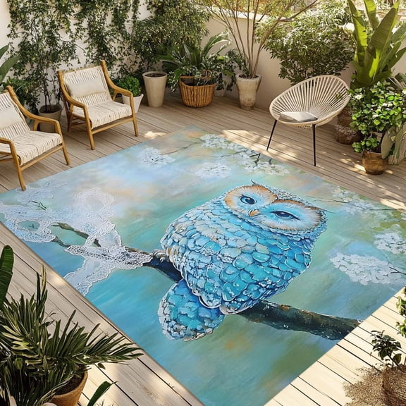Blue Owl Outdoor Rug 4x6 Ft - Reversible Patio Rug Outdoor Camping Rugs, Watercolor Flower Bird on Branch Washable Indoor Outdoor Area Rugs, Non-Slip Outdoor Carpet Runner for Deck/Porch